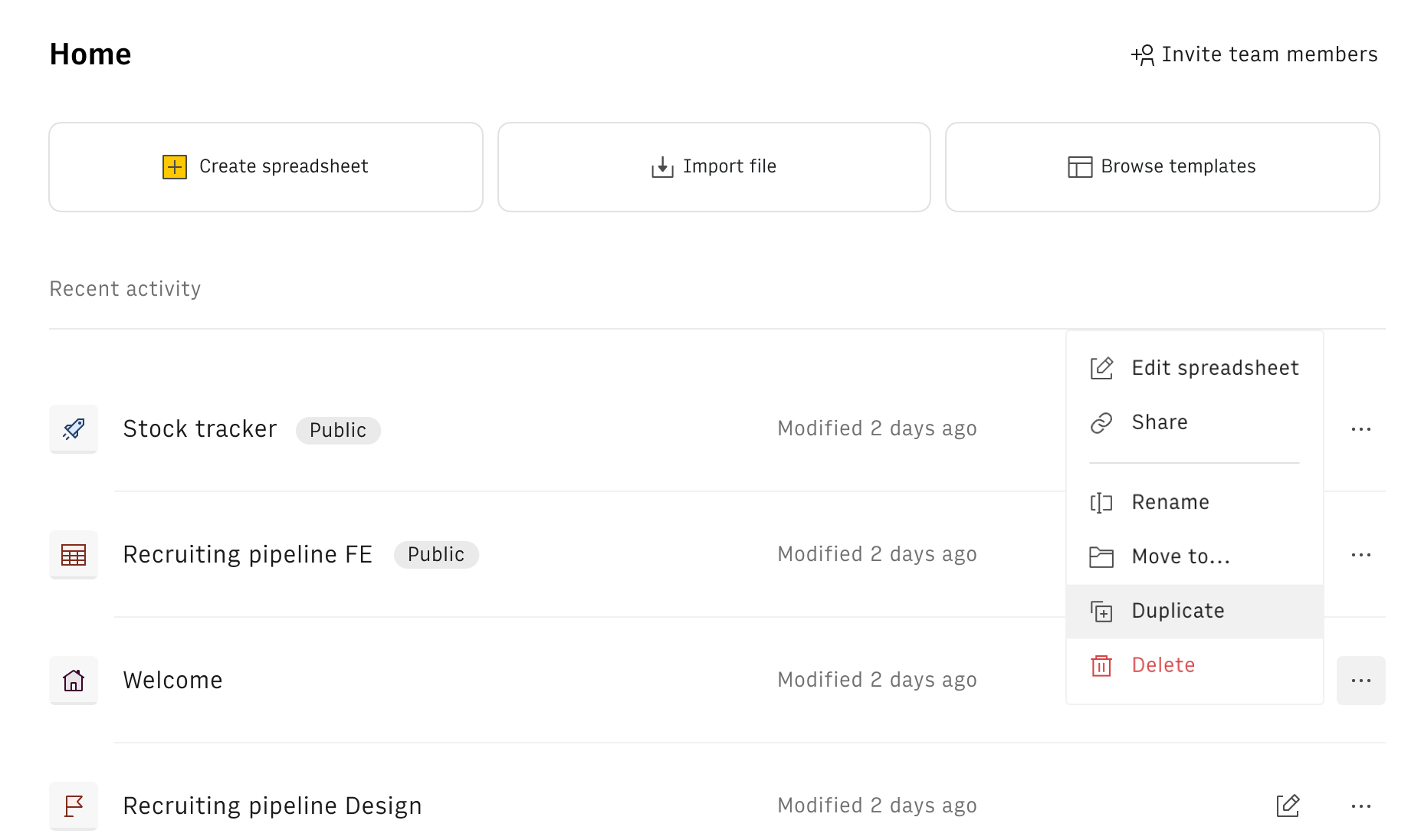 Duplicate public spreadsheets from the community and save them to your workspace.